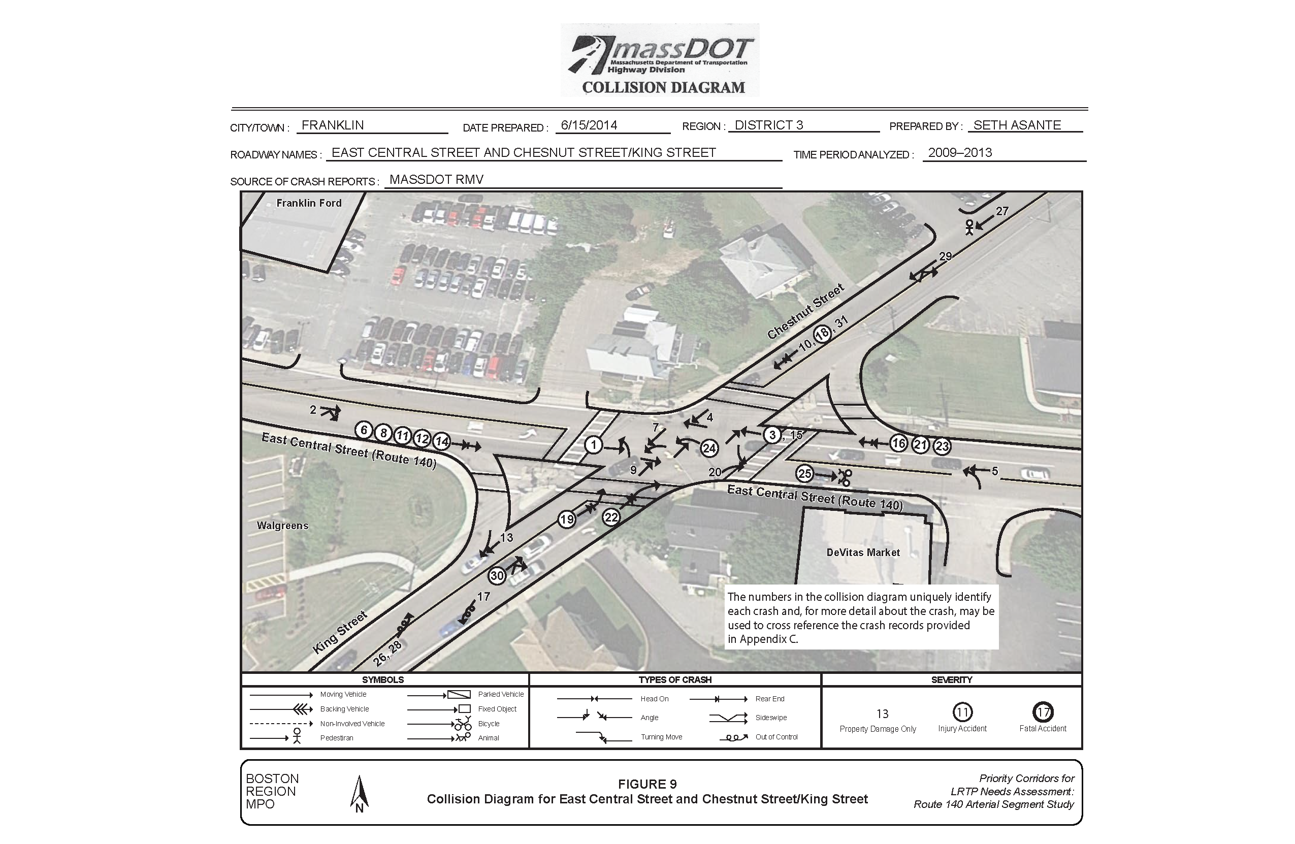 FIGURE 9: Collision Diagram for East Central Street and Chestnut Street/King Street. Aerial-view map that shows location and type of crashes at the West Central Street and Chestnut Street/King Street intersection between 2009 and 2013.